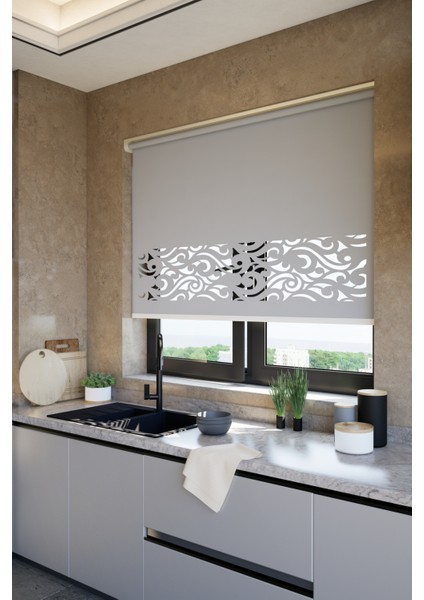 Lazer Kesim Mat Stor Perde, Lazer Kesimli Klasik Serisi, C-8005 Gri Renk