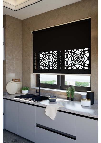 Lazer Kesim Mat Stor Perde, Lazer Kesimli Klasik Serisi, C-6008 Siyah Renk