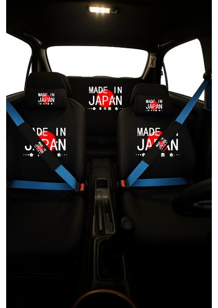 Made In Japan Baskılı 8 Parça Oto Koltuk Kılıf Seti (Ön + Arka Set, 2 Boyun Yastığı, 2 Kemer Kılıfı)