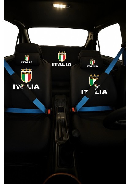 Italia Baskılı 8 Parça Oto Koltuk Servis Kılıf Seti (Ön + Arka Set, 2 Boyun Yastığı, 2 Kemer Kılıfı)