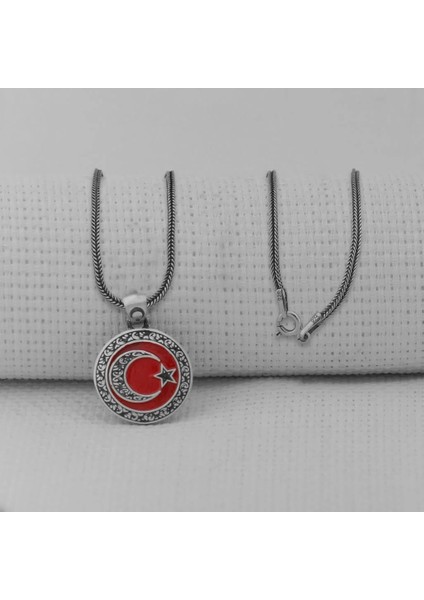 Gravur Işlemeli Ay Yıldız 925 Ayar Gümüş Erkek Kolye