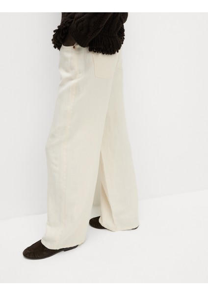 Keten Karışımlı Denim Geniş Paça Pantolon