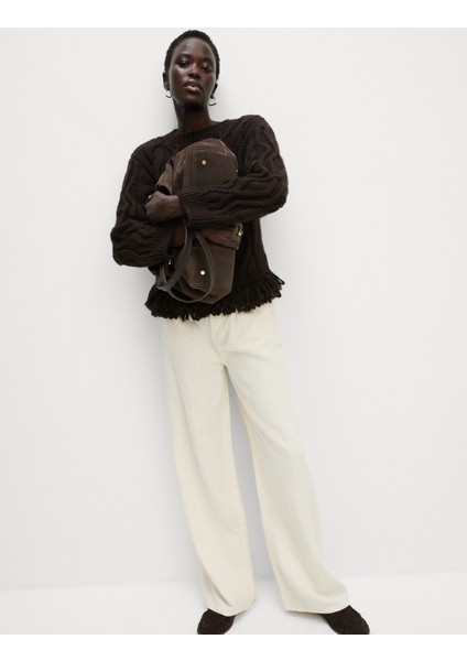 Keten Karışımlı Denim Geniş Paça Pantolon