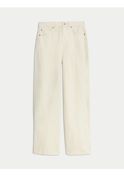 Keten Karışımlı Denim Geniş Paça Pantolon