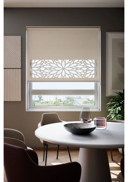 Lazer Kesim Mat Stor Perde, Lazer Kesimli Modern Serisi, M-131002 Ekru Renk