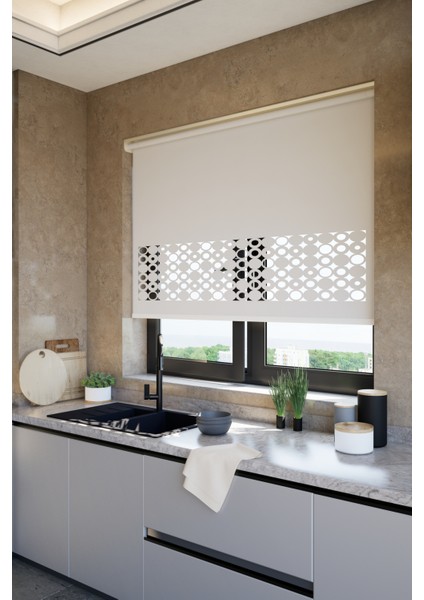 Lazer Kesim Mat Stor Perde, Lazer Kesimli Klasik Serisi, C-191002 Ekru Renk