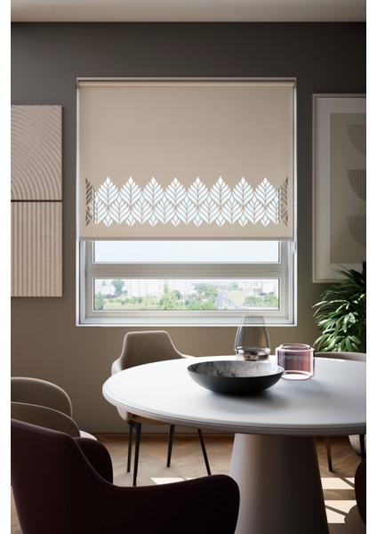 Lazer Kesim Mat Stor Perde, Lazer Kesimli Modern Serisi, M-181002 Ekru Renk