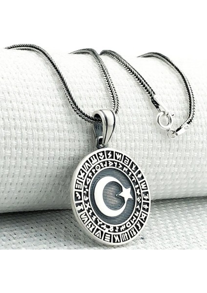 Göktürk Alfabesi Yazılı Ay Yıldız 925 Ayar Gümüş Erkek Kolye