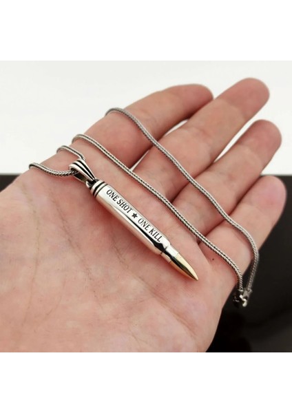 Mermi Tasarımlı One Shot One Kill Yazılı 925 Ayar Gümüş Erkek Kolye