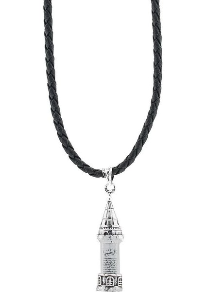 Deri Ipli Minare Tasarımlı Cevşen Kebir Dualı 925 Ayar Gümüş Erkek Kolye