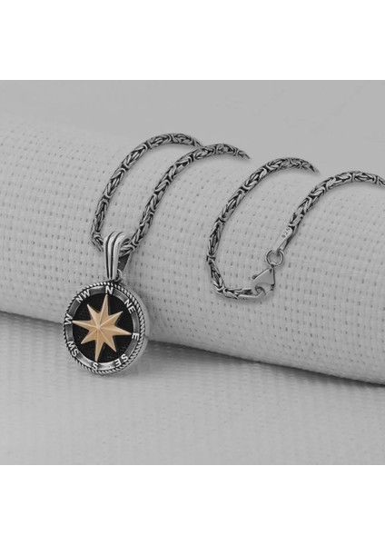 Gece Yıldızlı Pusula 925 Ayar Gümüş Erkek Kolye