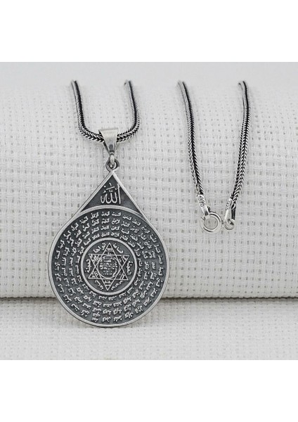 Esmahul Husna Dua Işlemeli Mührü Süleyman 925 Ayar Gümüş Erkek Kolye