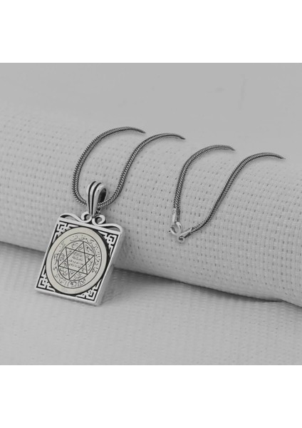 Hz Süleyman Mührü Kare Model 925 Ayar Gümüş Erkek Kolye