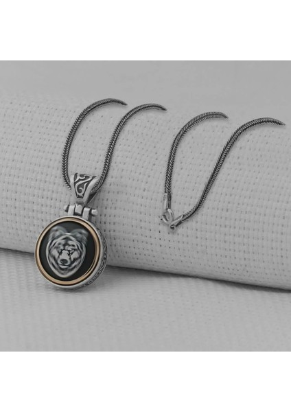 Bozkurt Motifli Ortası Dönen 925 Ayar Gümüş Erkek Kolye