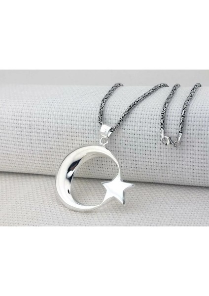 Ay Yıldız Büyük Boy Kral Zincirli 925 Ayar Gümüş Erkek Kolye