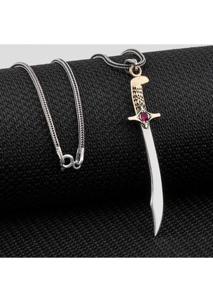 Kırmızı Zirkon Taşlı Osmanlı 925 Ayar Gümüş Erkek Kolye