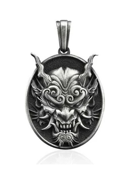Japon Oni Maskesi Tasarımlı Üç Boyutlu 925 Ayar Gümüşerkek Kolyesi Ucu