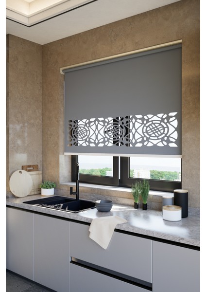 Lazer Kesim Mat Stor Perde, Lazer Kesimli Klasik Serisi, C-6004 Antrasit Renk