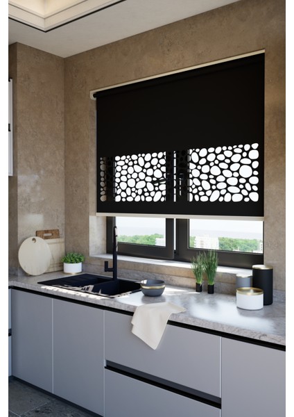 Lazer Kesim Mat Stor Perde, Lazer Kesimli Klasik Serisi, C-121008 Siyah Renk