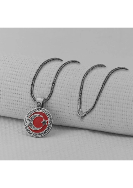 Gravur Işlemeli Ay Yıldız 925 Ayar Gümüş Erkek Kolye