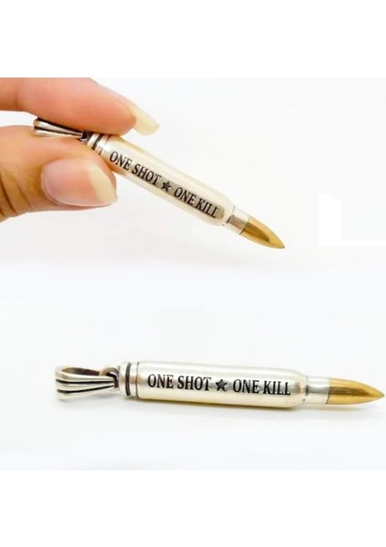 Mermi Tasarımlı One Shot One Kill Yazılı 925 Ayar Gümüş Erkek Kolye