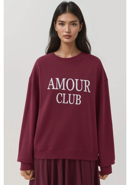 Kadın Baskılı Yuvarlak Yaka Rahat Kesim Sweatshirt Red
