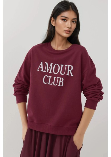 Kadın Baskılı Yuvarlak Yaka Rahat Kesim Sweatshirt Red