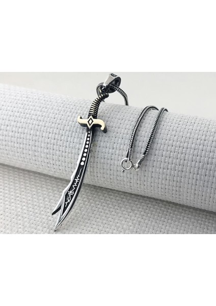 Kalp Atışı Hz Ali Yazılı Büyük Boy Zulfikar 925 Ayar Gümüş Erkek Kolye