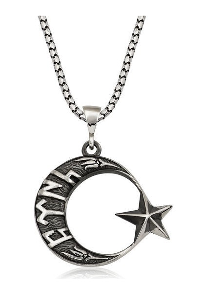 Ay Yıldız Göktürkçe Yazılı 925 Ayar Gümüş Erkek Kolye