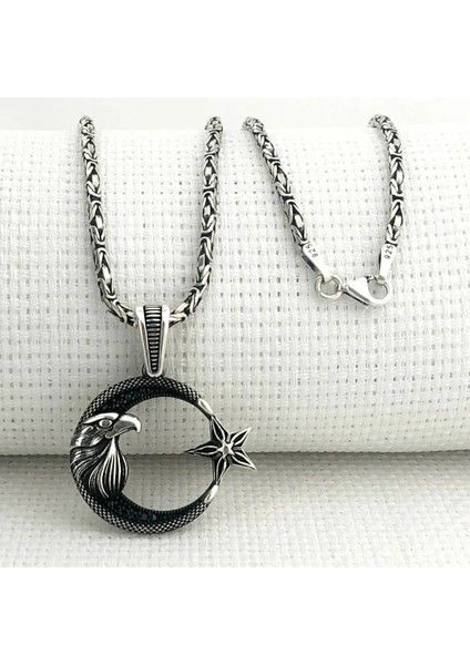 Kartal Başlı Ay Yıldız 925 Ayar Gümüş Erkek Kolye