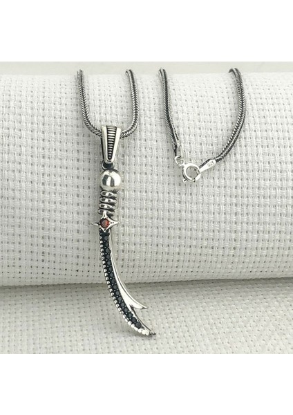 Kırmızı Taşlı Zulfikar 925 Ayar Gümüş Erkek Kolye