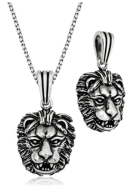 Aslan Kafası Motifli 925 Ayar Gümüş Erkek Kolye