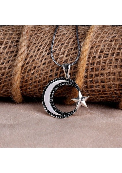 Ay Yıldız Mikro Taşlı 925 Ayar Gümüş Erkek Kolye