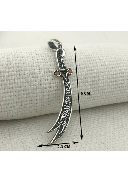 Kırmızı Taşlı La Feta Illa Ali La Seyfe Iila Zulfikar Kral Zincir 925 Ayar Gümüş Erkek Kolye Ucu