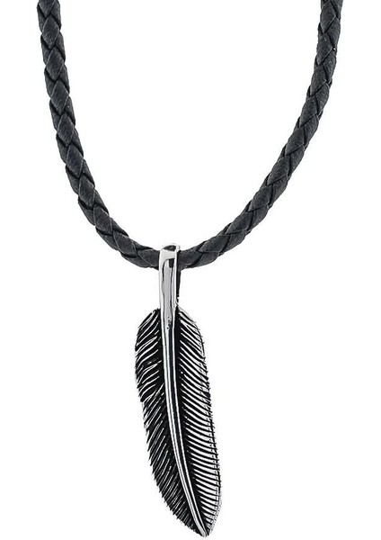 Deri Ipli Kuş Tüyü 925 Ayar Gümüş Erkek Kolye