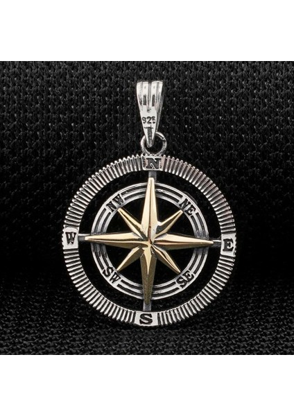 Çift Taraflı Pusula 925 Ayar Gümüş Erkek Kolye Ucu