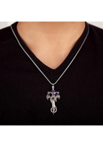 Ametist Taşlı Ejderha 925 Ayar Gümüş Erkek Kolye