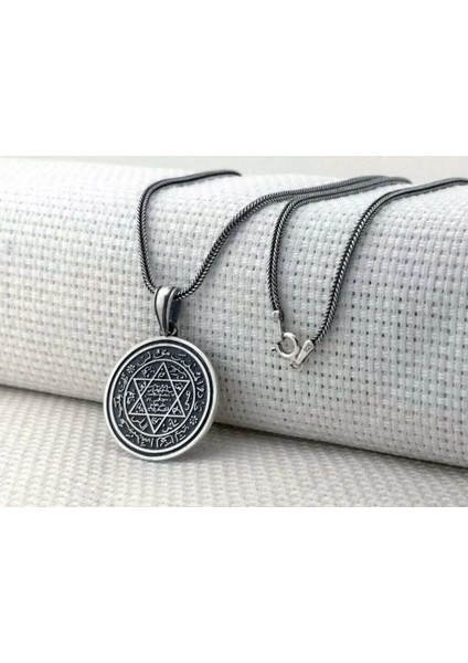 Hz Süleyman Mührü Yuvarlak 925 Ayar Gümüş Erkek Kolye