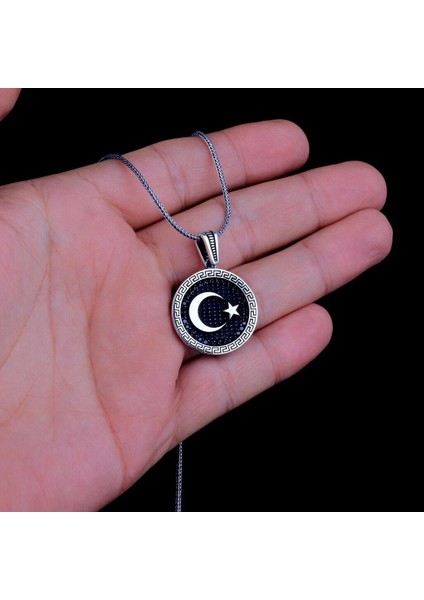 Ay Yıldız Mikro Taşlı 925 Ayar Gümüş Erkek Kolye