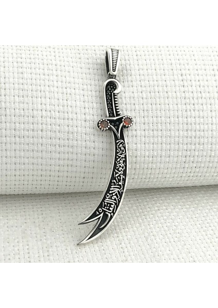 Kırmızı Taşlı La Feta Illa Ali La Seyfe Iila Zulfikar Kral Zincir 925 Ayar Gümüş Erkek Kolye