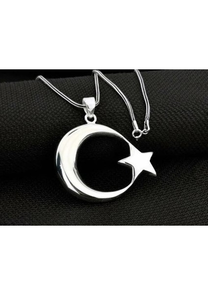 Şanlı Ay Yıldız Büyük Boy 925 Ayar Gümüş Erkek Kolye