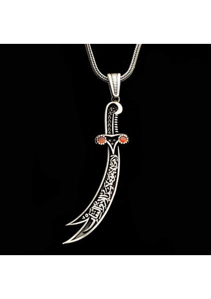 Zulfikar Kırmızı Taşlı La Feta Illa Ali La Seyfe Iila Zulfikar Kral Zincir 925 Ayar Gümüş Erkek Kolye