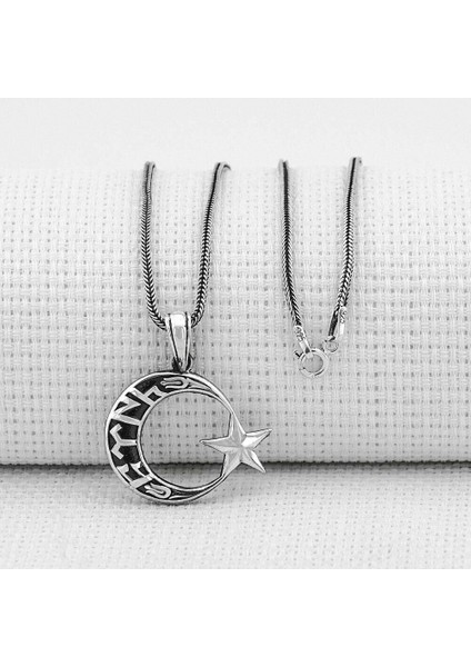 Göktürk Alfabesi Yazılı Ay Yıldız 925 Ayar Gümüş Erkek Kolye Ucu
