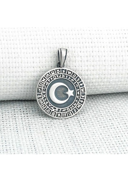 Göktürk Alfabesi Yazılı Ay Yıldız 925 Ayar Gümüş Erkek Kolye Ucu