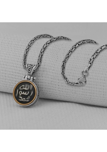 Allah Resulu Muhammet Sav Yazılı Ortası Dönen Kral Zincirli 925 Ayar Gümüş Erkek Kolye