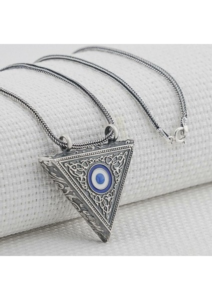 Nazar Boncugu Tasarımlı Üçgen Muska Kebir Dualı Cevşen 925 Ayar Gümüş Erkek Kolye