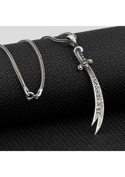 La Fetta Illa Ali La Seyfe Illa Zülfikar Yazılı Beyaz Taşlı 925 Ayar Gümüş Erkek Kolye