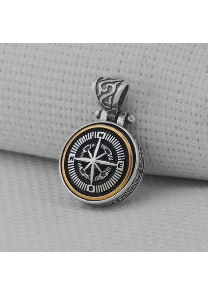 Pusula Tasarımlı Ortası Dönen 925 Ayar Gümüş Erkek Kolyesi Ucu