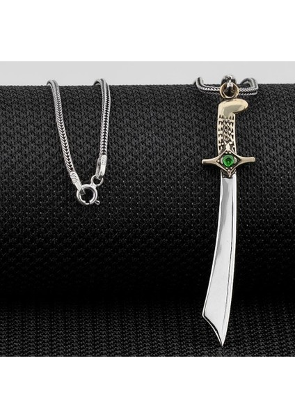 Yeşil Taşlı Mogol Kılıcı Zirkon Taşlı 925 Ayar Gümüş Erkek Kolye