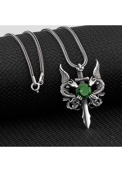 Ejderha Tasarımlı Zirkon Taşlı 925 Ayar Gümüş Erkek Kolye